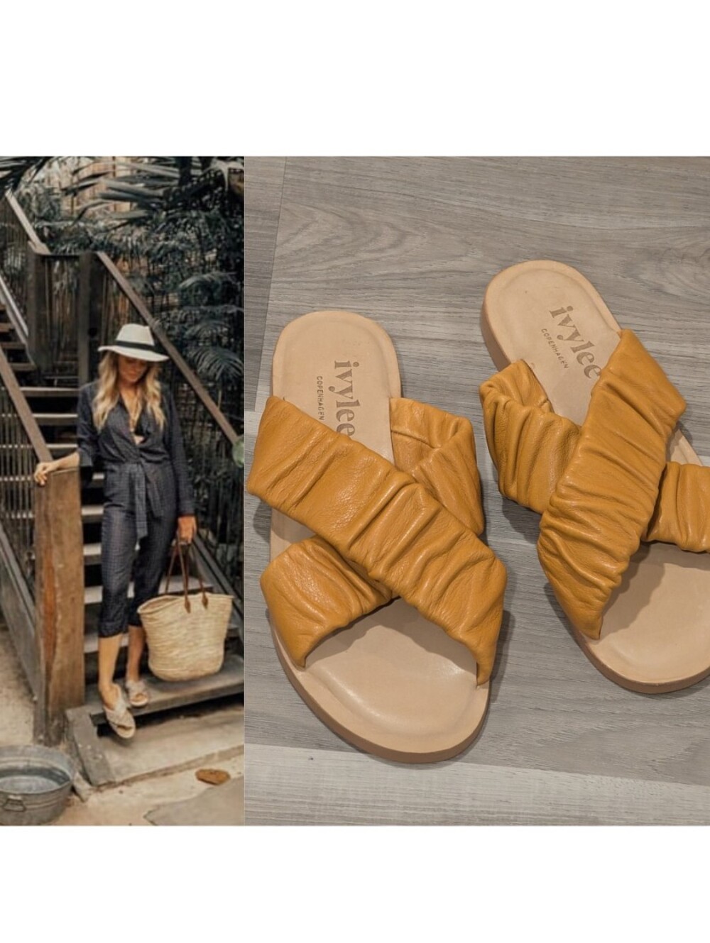 Ivylee Copenhagen | Valery Ruched Leather Cross Strap Slides In Mustard Yellow